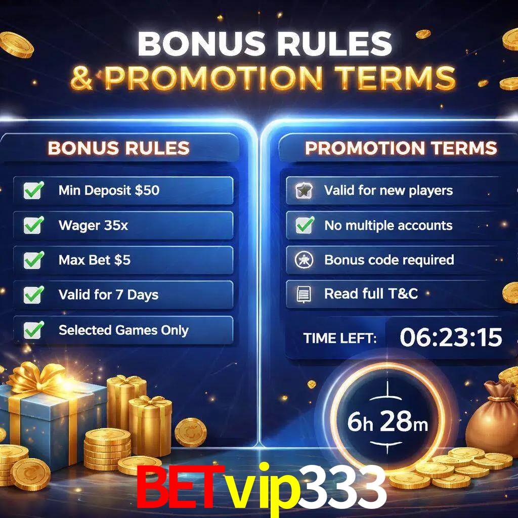 Reglas de promoción Betvip333 y condiciones de bonos explicadas visualmente