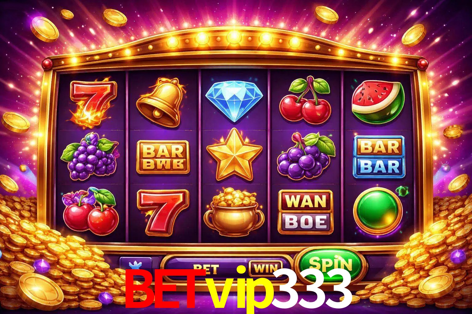 Una interfaz colorida de tragamonedas en línea con símbolos brillantes, monedas y un efecto de victoria celebratoria en Betvip333.