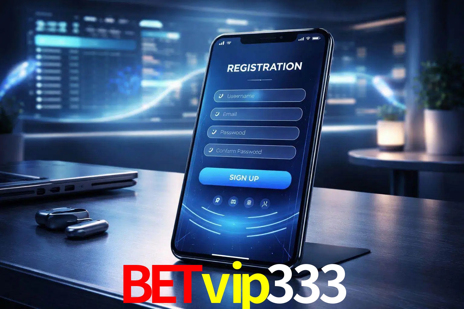 Una interfaz moderna de registro móvil para Betvip333 mostrada en un smartphone con un panel de apuestas elegante.